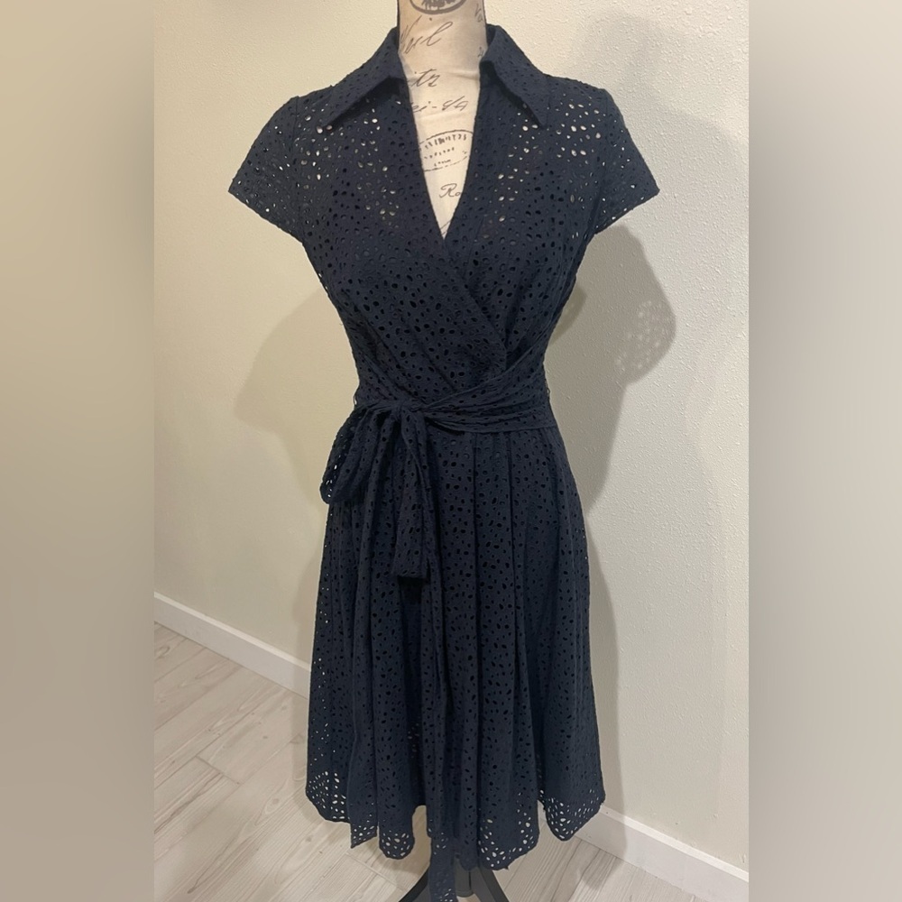 Chetta B Sherrie Bloom Peter Noviello Navy Blue Eyelet Midi Dress 100% Cotton